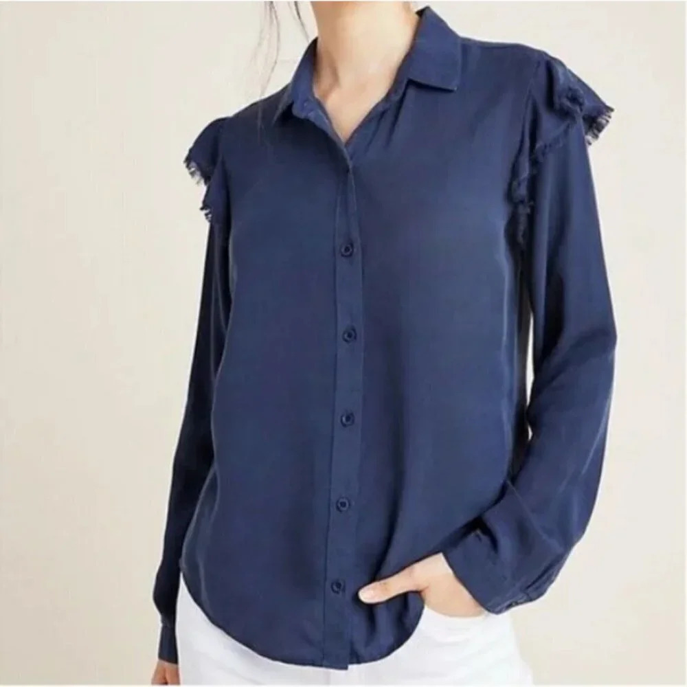 Cloth & Stone‎ Anthropologie Navy Tencel Long Sleeve Shirt, Ruffles, Size Small